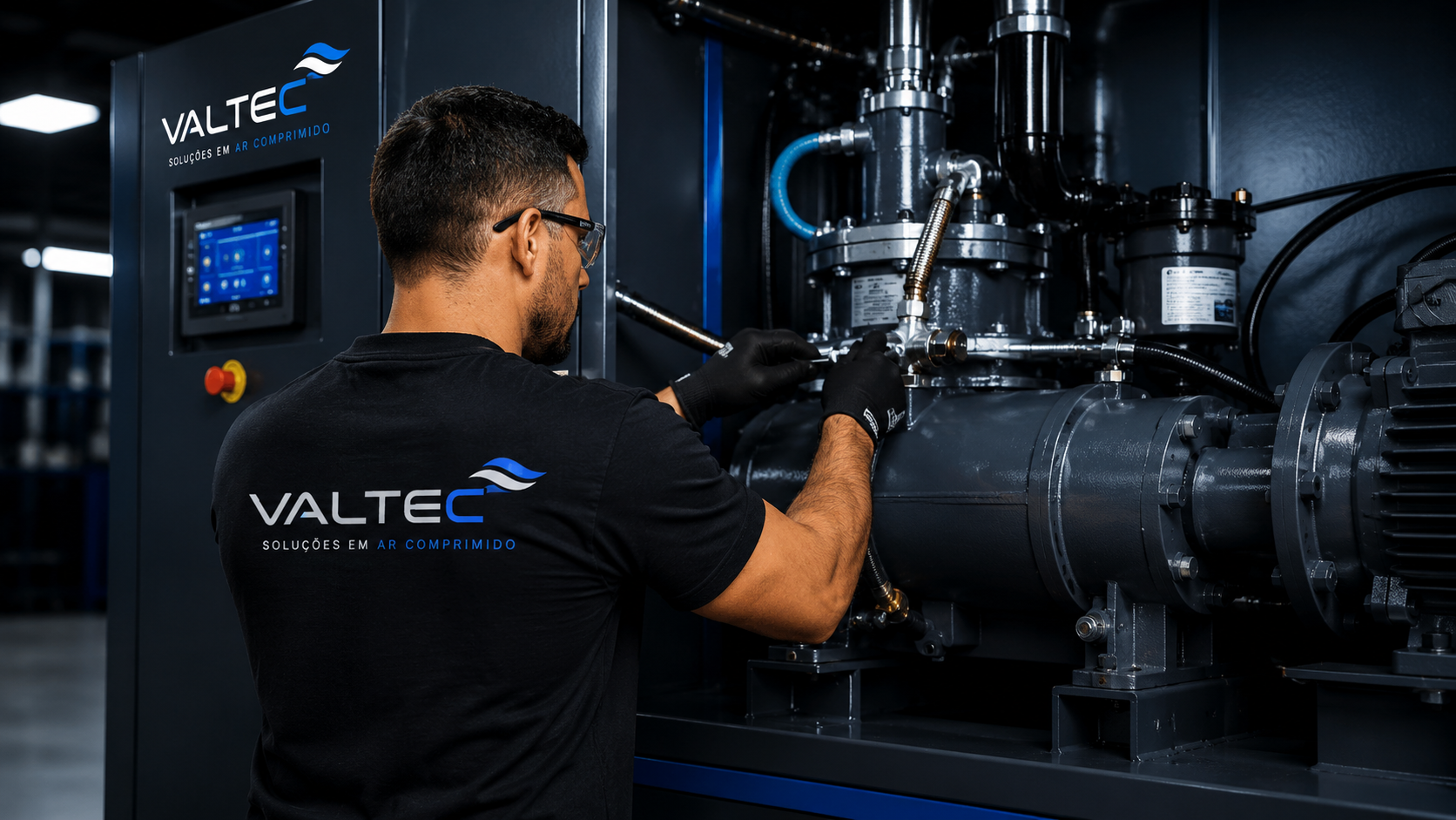Técnico Valtec realizando manutenção em compressor